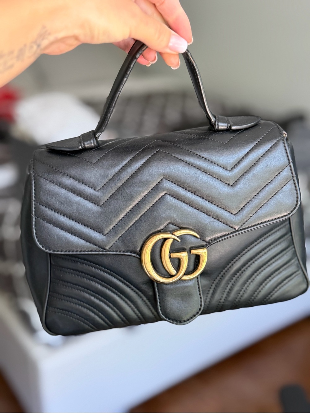 Gucci Black Quilted Top Handle Satchel with Gold GG